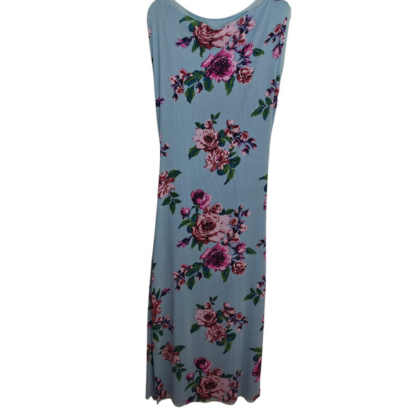 Free People Floral Carmel Mesh Midi Dress Size Medium Blue Stretch Side Slits - Picture 8 of 13